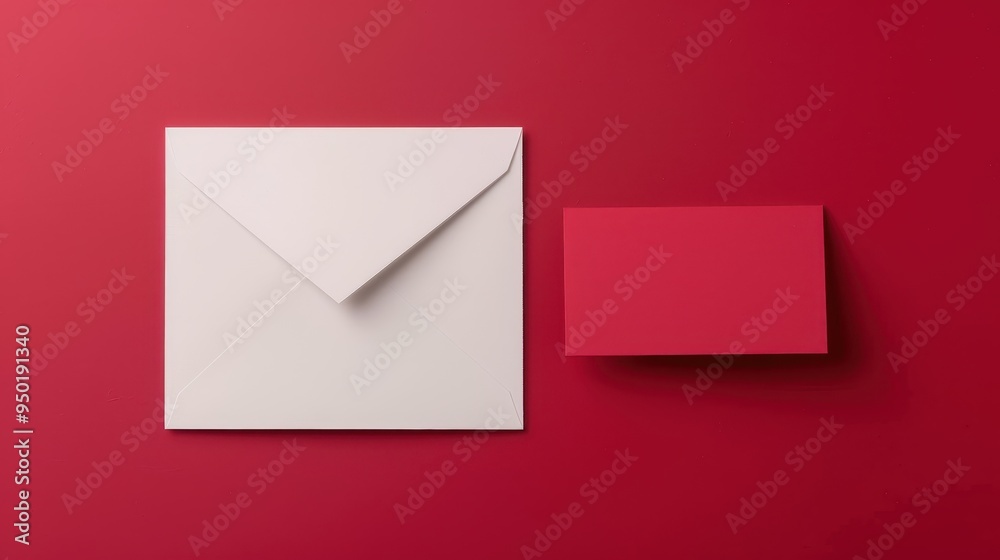 Blank white card beside a red paper envelope in a simple mockup setting Blank white card beside a red paper envelope in a simple mockup setting