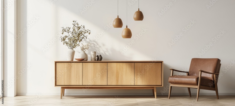 Obraz premium Minimalist Living Room Interior Design with Wooden Cabinet Armchair and Pendant Lights