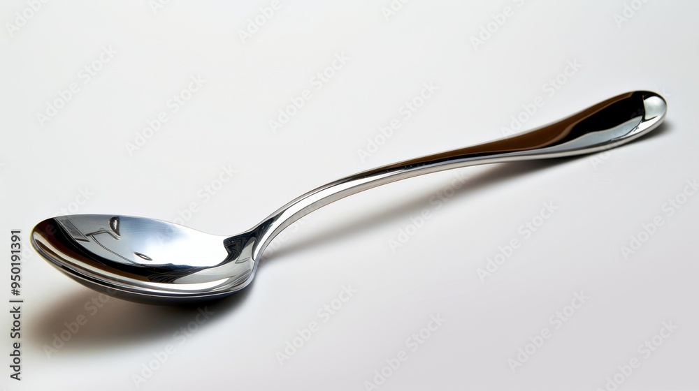 A shiny stainless steel spoon on a white background embodies kitchen elegance and utility A shiny stainless steel spoon on a white background embodies kitchen elegance and utility