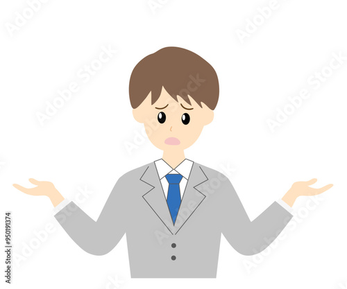 悩んで困ってお手上げポーズをするスーツ姿の若い日本人男性ビジネスマン