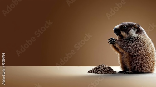 A small mammal stands upright beside a pile of dirt on a brown background Created with Generative AI. photo