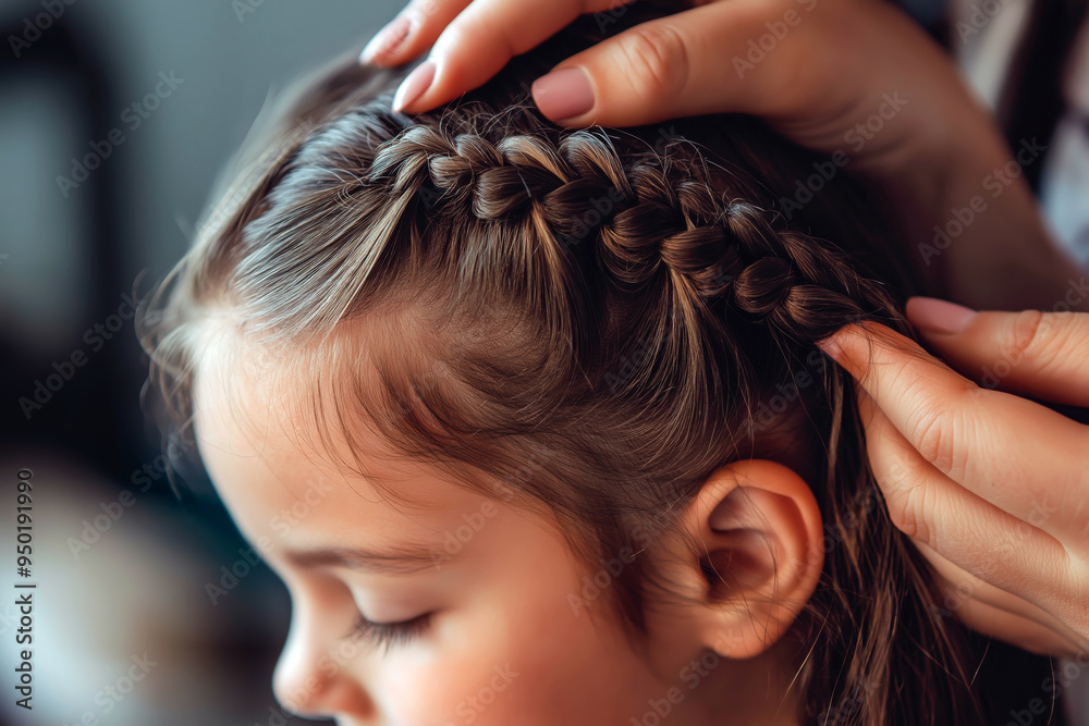 Naklejka premium Child getting their hair braided by a parent or guardian, with a warm, loving atmosphere at homeю