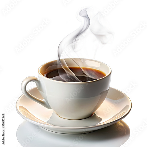 A freshly brewed cup of coffee sits on a white saucer. Steam rises from the cup, indicating the beverage is hot