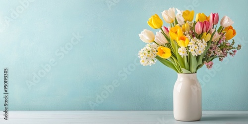 Wallpaper Mural Vibrant Spring Floral Arrangement in Vintage Vase Tulips, Daffodils, and Hyacinths in Cheerful Morning Light Torontodigital.ca