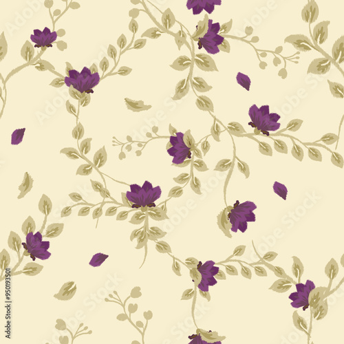 Delicate Beige and Purple Floral Vine with Falling Petals seamless pattern vecter illustration for decor greeting card, Wedding card, textile fablic,rug, bed sheet, beauty products or other.