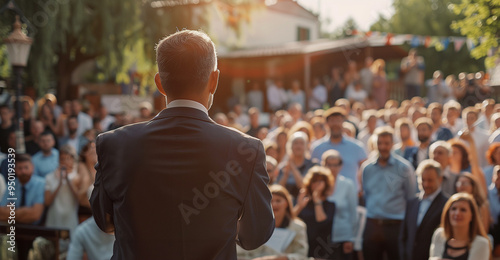 Politician makes a speech to voters, election. Politician campaign in front of public audience.