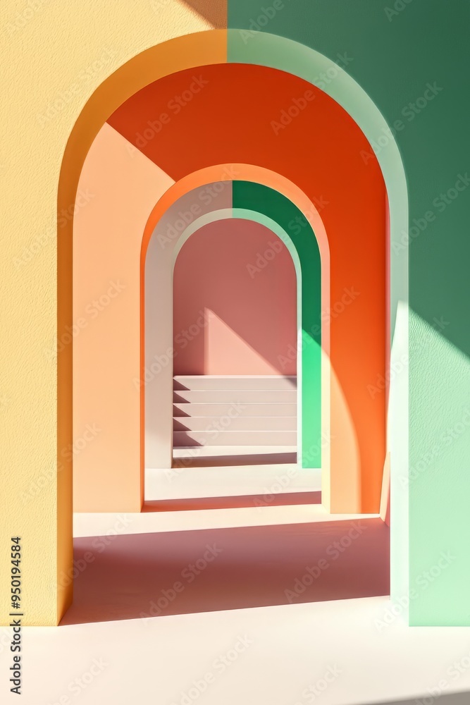 A vibrant and colorful geometric archway scene, showcasing harmony between shapes and light. A vibrant and colorful geometric archway scene, showcasing harmony between shapes and light.