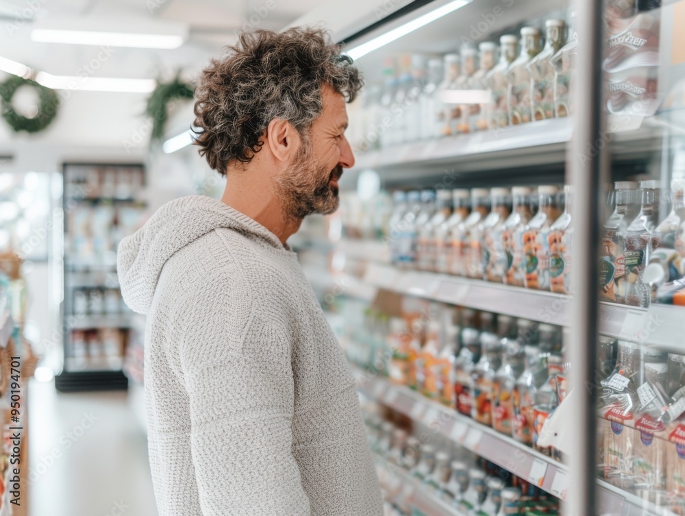 Middle-aged Man Examining Product Labels in Store Aisle for Shrinkflation Trends, Detailed and Authentic Scene in Natural Lighting