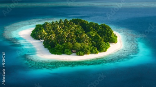 A lush tropical island with white sandy beaches, turquoise waters, and vibrant green palm trees