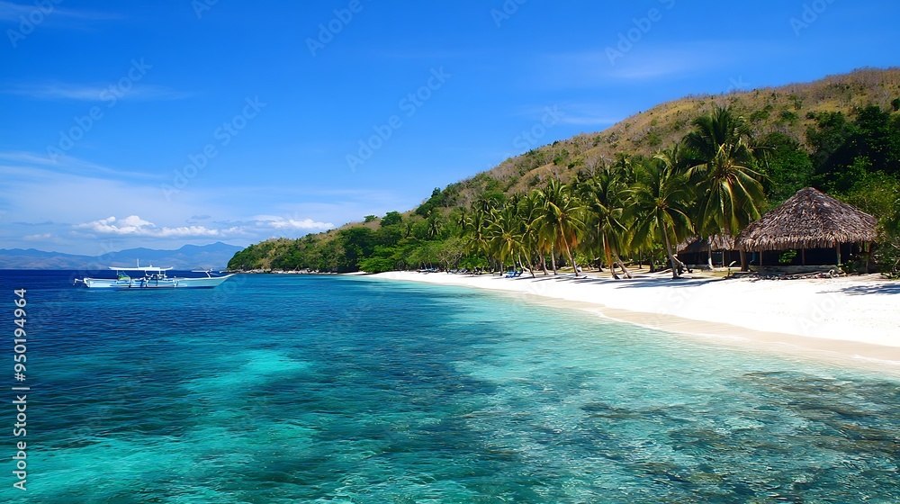 A lush tropical island with white sandy beaches, turquoise waters, and vibrant green palm trees A lush tropical island with white sandy beaches, turquoise waters, and vibrant green palm trees