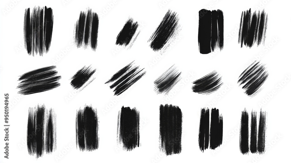 A collection of black brush strokes, some of which are long and thin, while others are short and thick. The strokes are scattered across the image, creating a sense of movement and energy A collection of black brush strokes, some of which are long and thin, while others are short and thick. The strokes are scattered across the image, creating a sense of movement and energy