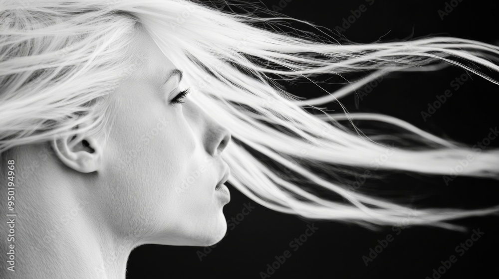A woman with long blonde hair is the main focus of the image. The hair is blowing in the wind, giving the impression of movement and freedom. The woman's face is also visible A woman with long blonde hair is the main focus of the image. The hair is blowing in the wind, giving the impression of movement and freedom. The woman's face is also visible
