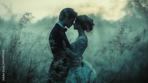 This image features a romantic and intimate moment between two people, likely a couple, standing close together in a field.