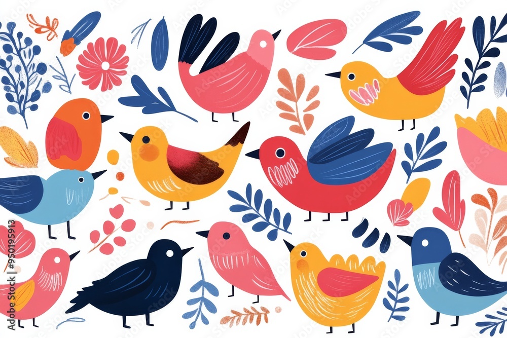 A colorful drawing of many birds with leaves and flowers. The birds are of different colors and sizes, and they are scattered throughout the image. Scene is cheerful and lively, with the birds A colorful drawing of many birds with leaves and flowers. The birds are of different colors and sizes, and they are scattered throughout the image. Scene is cheerful and lively, with the birds