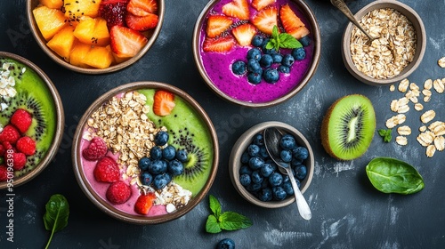 Nutritious breakfast featuring smoothie bowls, fresh fruits, and whole grains