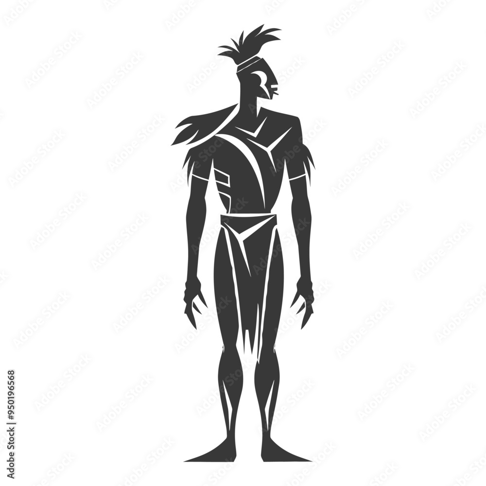 Silhouette of a stylized tribal warrior with feathered headwear Silhouette of a stylized tribal warrior with feathered headwear