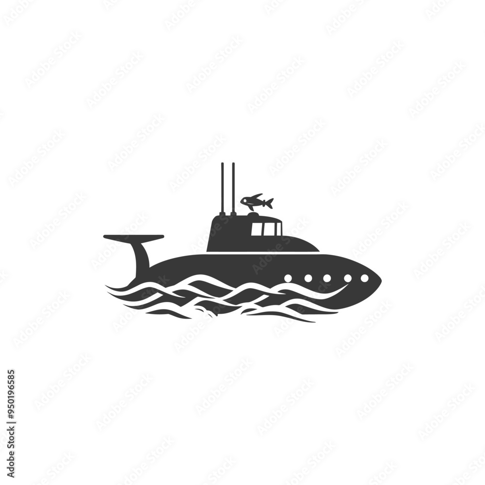 Silhouette of a Submarine with a Fish on Top Traveling Through Wavy Water Silhouette of a Submarine with a Fish on Top Traveling Through Wavy Water