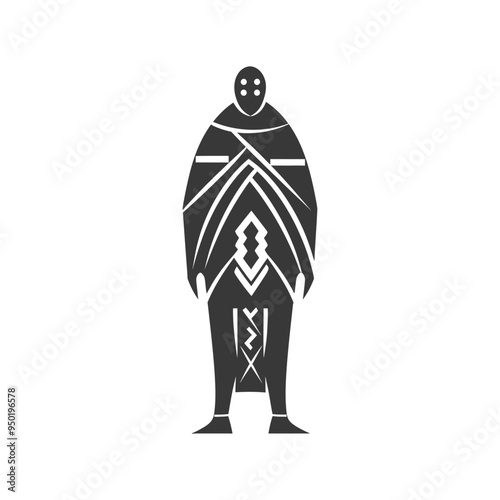 Silhouette of a stylized humanoid figure with geometric patterns