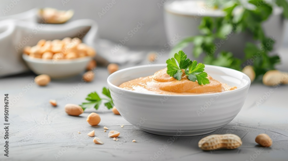 Recipe card for homemade peanut sauce with ingredients and preparation steps elegantly presented around a bowl of sauce.
