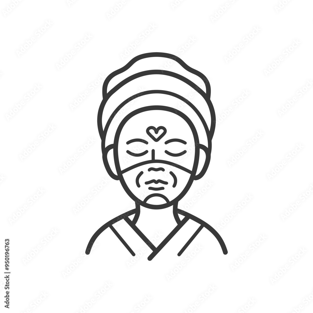 Line drawing of a woman with a face mask and a heart on her forehead Line drawing of a woman with a face mask and a heart on her forehead