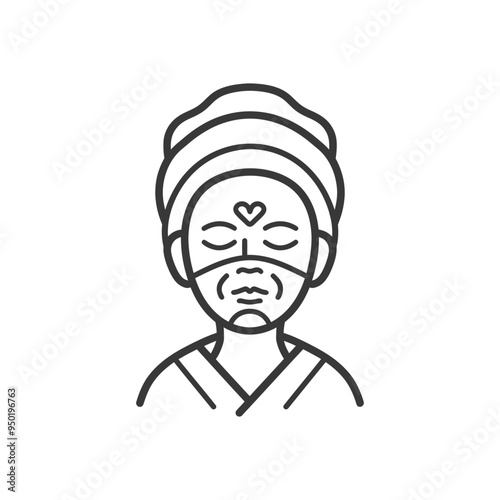 Line drawing of a woman with a face mask and a heart on her forehead