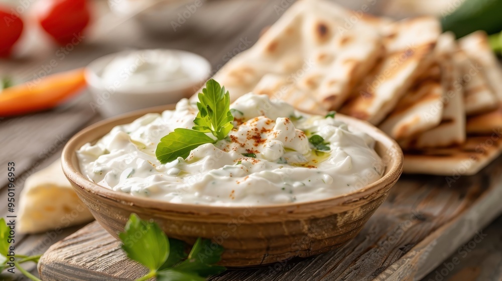 Tzatziki served with pita bread and fresh vegetables, highlighting its smooth consistency and green flecks. Tzatziki served with pita bread and fresh vegetables, highlighting its smooth consistency and green flecks.