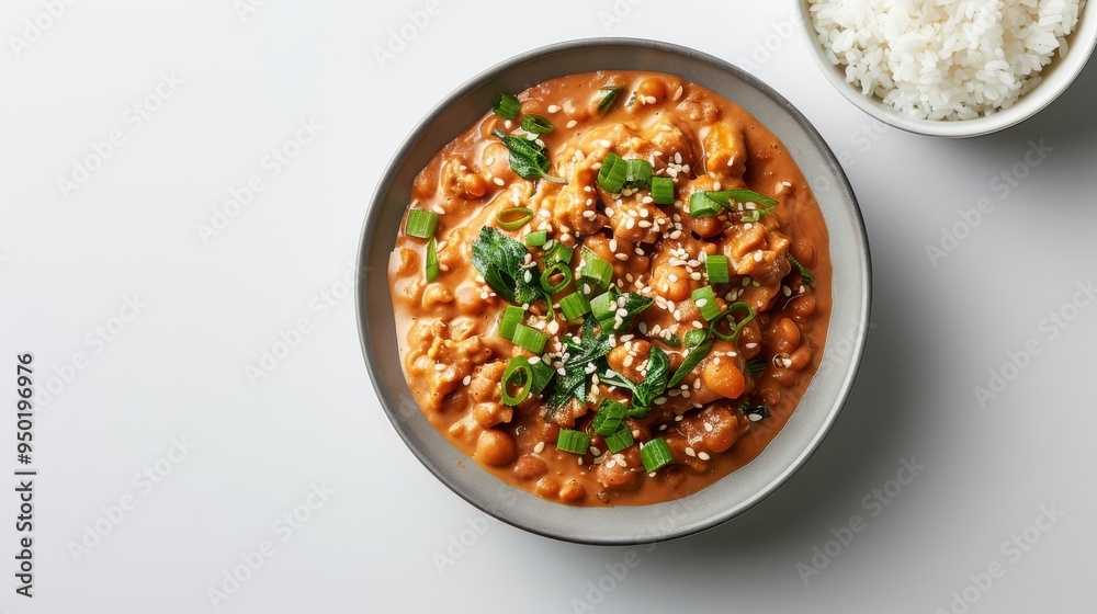 Bowl of soybean paste (doenjang) with chunky texture, garnished with green onions and sesame seeds on a clean white background. Bowl of soybean paste (doenjang) with chunky texture, garnished with green onions and sesame seeds on a clean white background.
