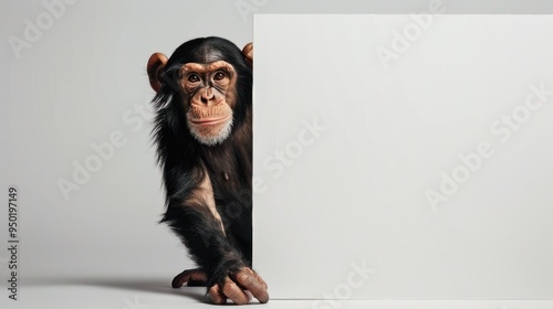 Chimpanzee peeking from behind a white signboard. photo