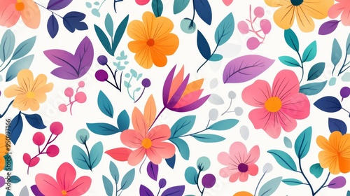 A colorful floral pattern with a white background. The flowers are in various shades of pink and purple, and the leaves are green. Scene is cheerful and vibrant, with a sense of freshness