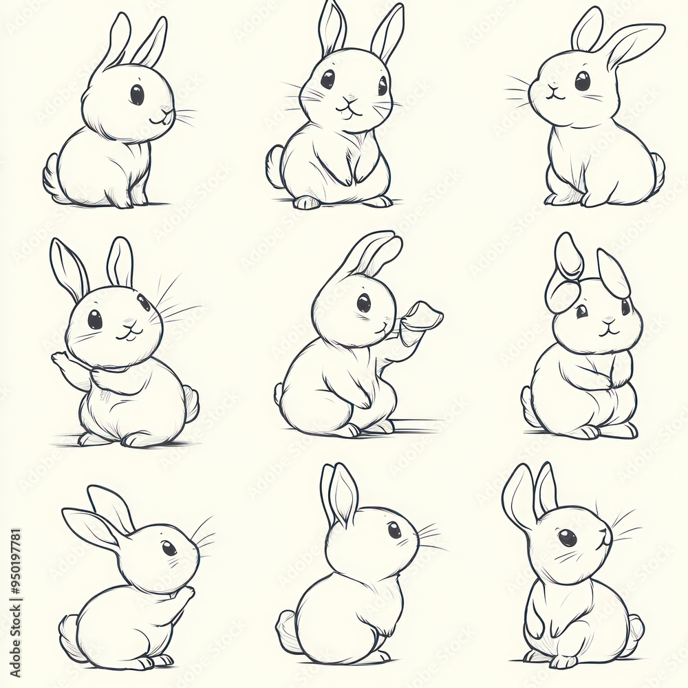 A collection of cute, hand-drawn rabbit illustrations in various poses.