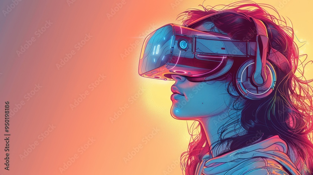 Portrait of a woman exploring virtual reality with modern graphic design elements at sunset Portrait of a woman exploring virtual reality with modern graphic design elements at sunset