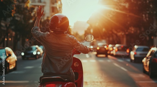 The scooter driver waves goodbye, heading off into the unknown. simple gesture embody the excitement and uncertainty of new beginnings