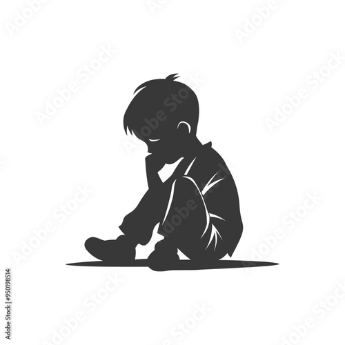 Silhouette of a Sad Boy Sitting with His Head Down