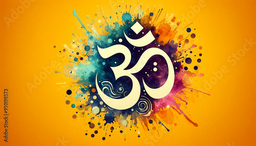 Indian Hinduism religious color splash design symbol golden text Om,aum,or oim meaning adoration to Hindu god,popular Hindu mantra,holy, peaceful background, religious background, religious symbols photo