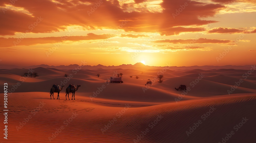 Desert sunset towering sand dunes camel caravan lone oasis warm golden hour lighting soft diffused edges realistic 3D sand dunes Desert sunset towering sand dunes camel caravan lone oasis warm golden hour lighting soft diffused edges realistic 3D sand dunes