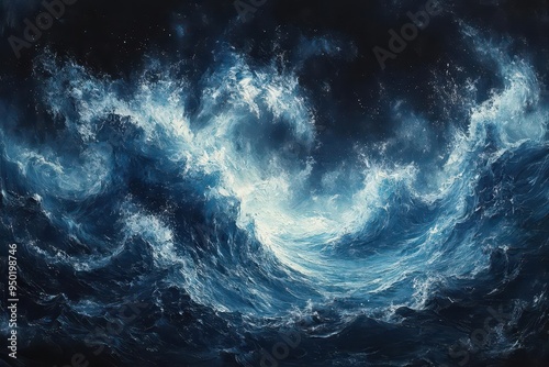 abstract painting of a turbulent ocean scene with swirling blues and whites set against a stark black background with a clean white border evoking the power and beauty of the sea