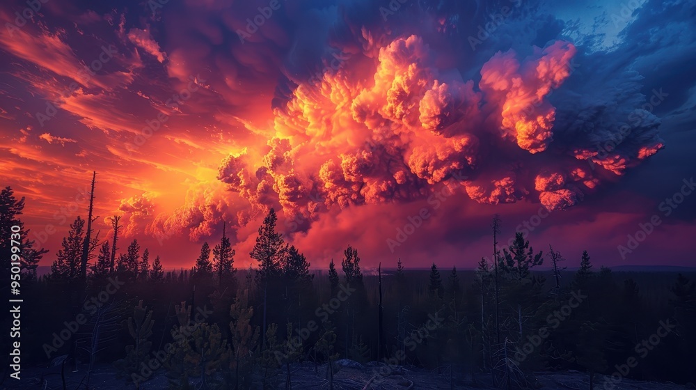 Fototapeta premium Fiery sunset over a forest blaze with smoke clouds rising in the evening sky