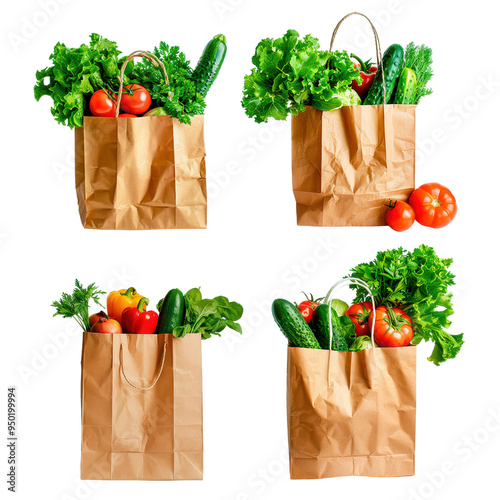 Fresh vegetables in paper bags arranged on a white background showcasing a variety of produce for healthy meal preparation