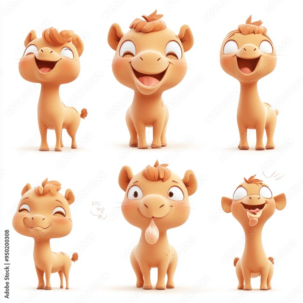 A playful cartoon-style illustration of a cheerful baby camel with various expressions.