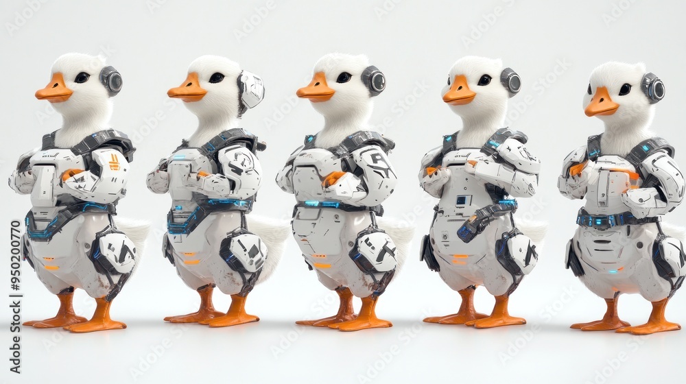 Fototapeta premium A lineup of robotic ducks in futuristic suits, showcasing a blend of technology and whimsy.