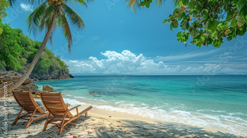 Serene Beach Oasis with Palm Tree Lounge - Tropical Vacation Paradise by the Sea