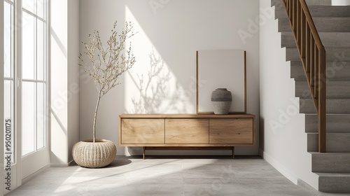 A contemporary entrance hall with a wooden cabinet positioned near a window and a staircase, reflecting Scandinavian design principles. The minimalist space emphasizes natural light and clean, simple 