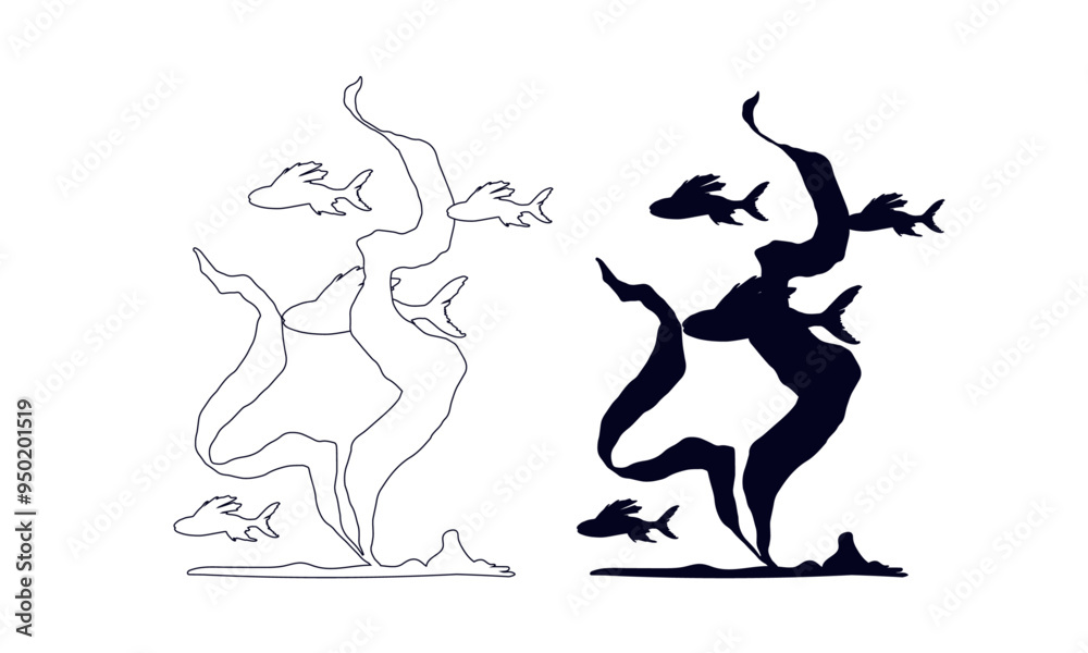 Line sketch, outline, silhouette of seaweed and a school of fish. Vector graphics. Line sketch, outline, silhouette of seaweed and a school of fish. Vector graphics.