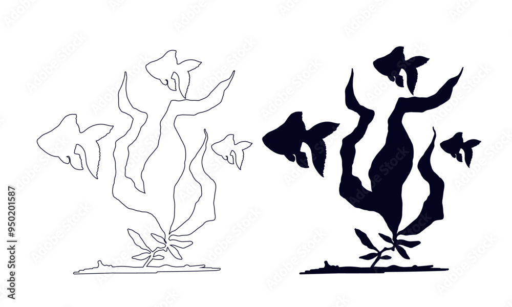 Line sketch, outline, silhouette of seaweed and a school of fish. Vector graphics. Line sketch, outline, silhouette of seaweed and a school of fish. Vector graphics.