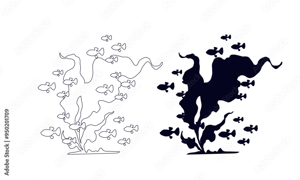 Line sketch, outline, silhouette of seaweed and a school of fish. Vector graphics.