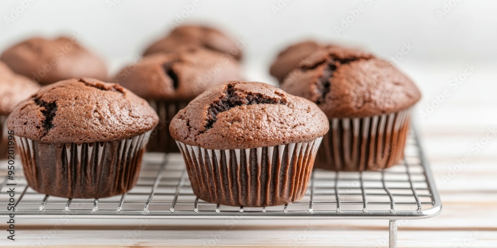 Freshly Baked Chocolate Muffins Cooling on Rack in Cozy Home Kitchen, Morning Warmth, Inviting Deliciousness Freshly Baked Chocolate Muffins Cooling on Rack in Cozy Home Kitchen, Morning Warmth, Inviting Deliciousness