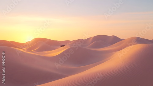 Towering sand dunes desert sunset lone oasis camel caravan warm golden hour lighting soft diffused edges realistic 3D sand dunes