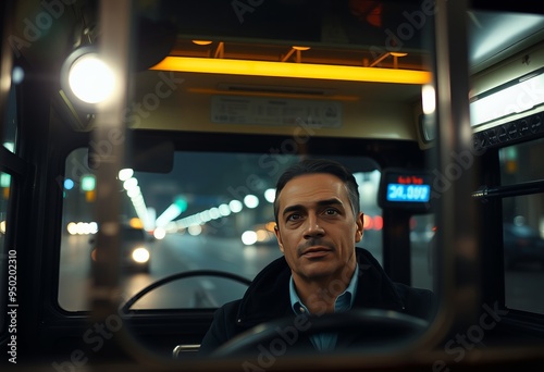 Night Scene City lights reflecting on the driver's face with the