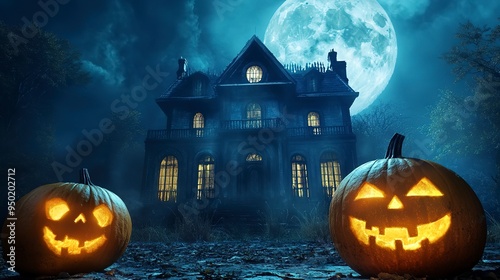 halloween scene horror background with creepy pumpkins of spooky halloween haunted mansion Evil houseat night with full moon  photo