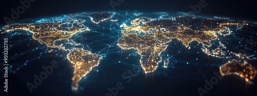 Digital Connectivity World Map with Neon Glowing Lines
